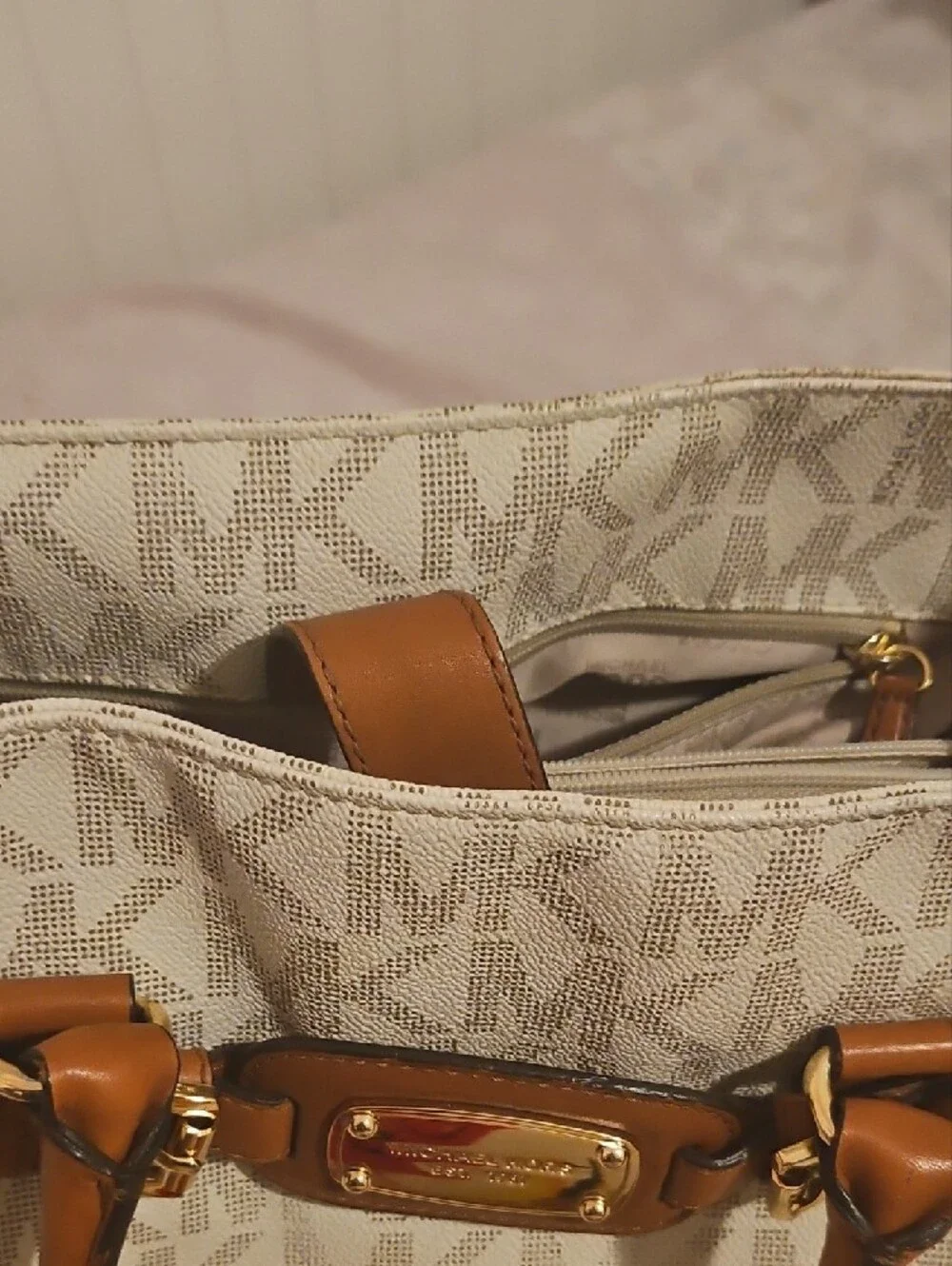Michael Kors Cream Monogram Tote with Tan Leather Accents
